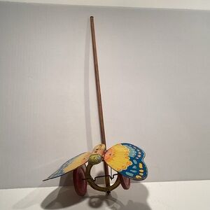 Vtg 1950’s J. Chein & Co. Tin Litho Butterfly Push Toy w Stick Flaps Wings- T24
